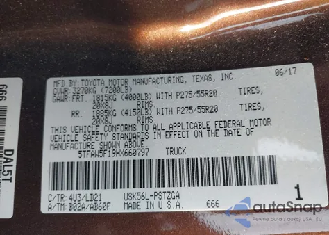 2017 Toyota Tundra 1794 5.7L V8 z USA, uszkodzony, nr VIN 5TFAW5F19HX660797